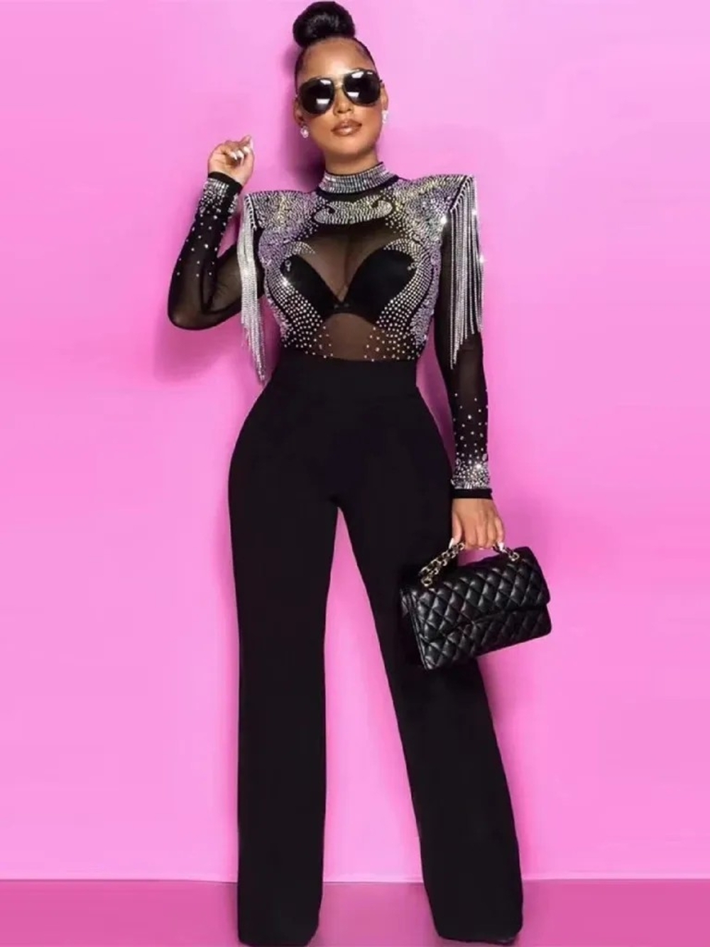 Black Wide-Leg Jumpsuit with Rhinestone Fringe Shoulders